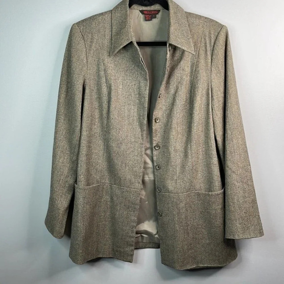 VINTAGE Simon Chang Cashmere Wool Blend Blazer Brown Tweed Button Up Size 10 - Picture 2 of 14